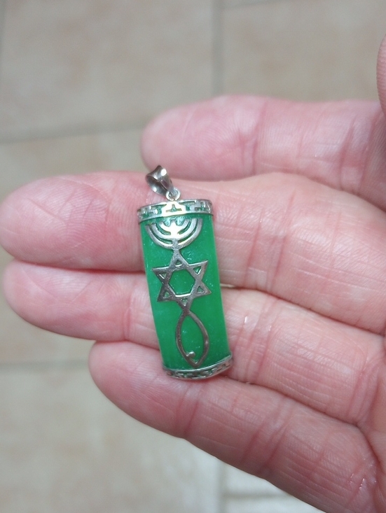 Jewelry - One New Man Green Pendant with Star of David & Menorah